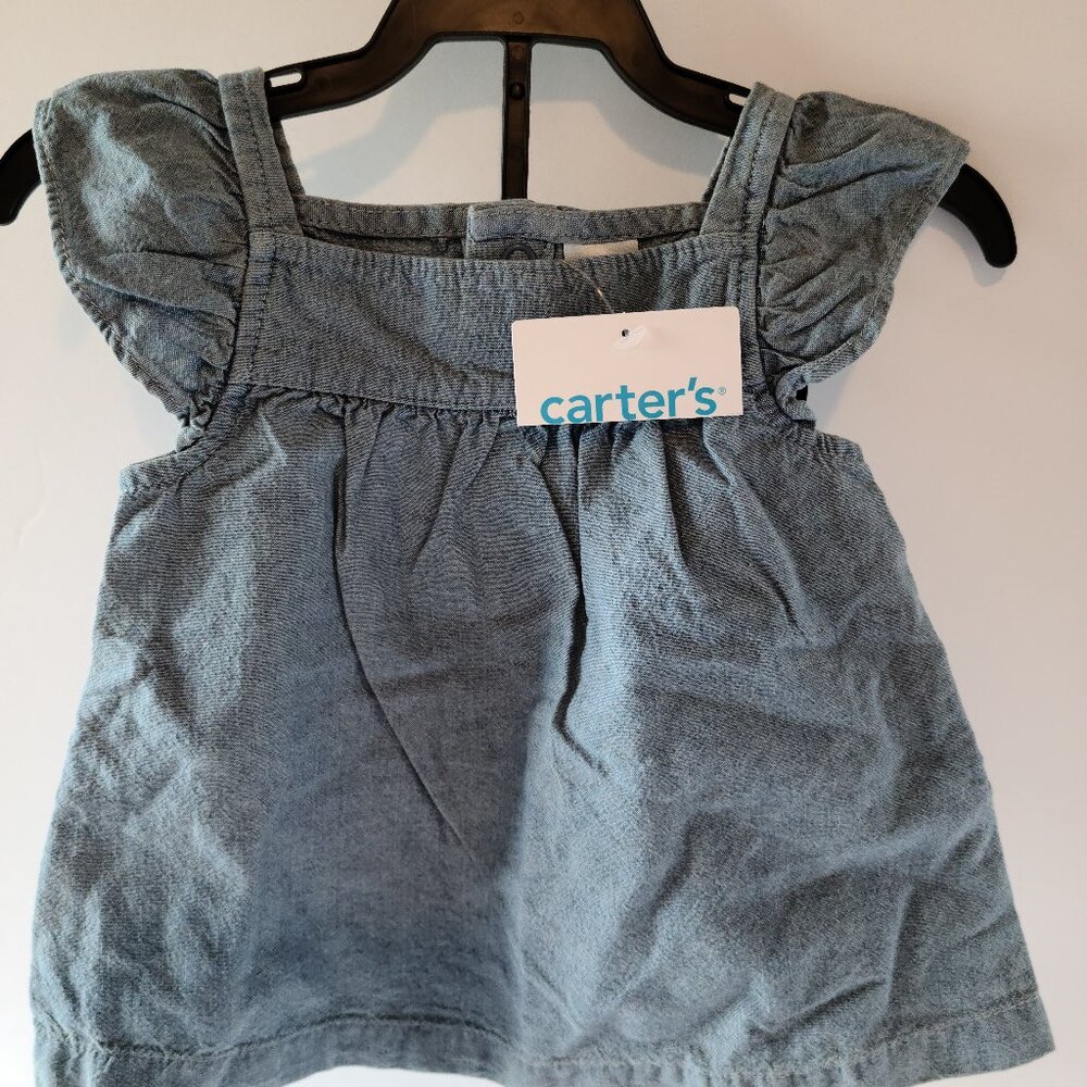 CARTERS 2-PIECE CHAMBRAY DENIM SQUARE NECK TOP WITH BUBBLE SHORT SIZE 9M